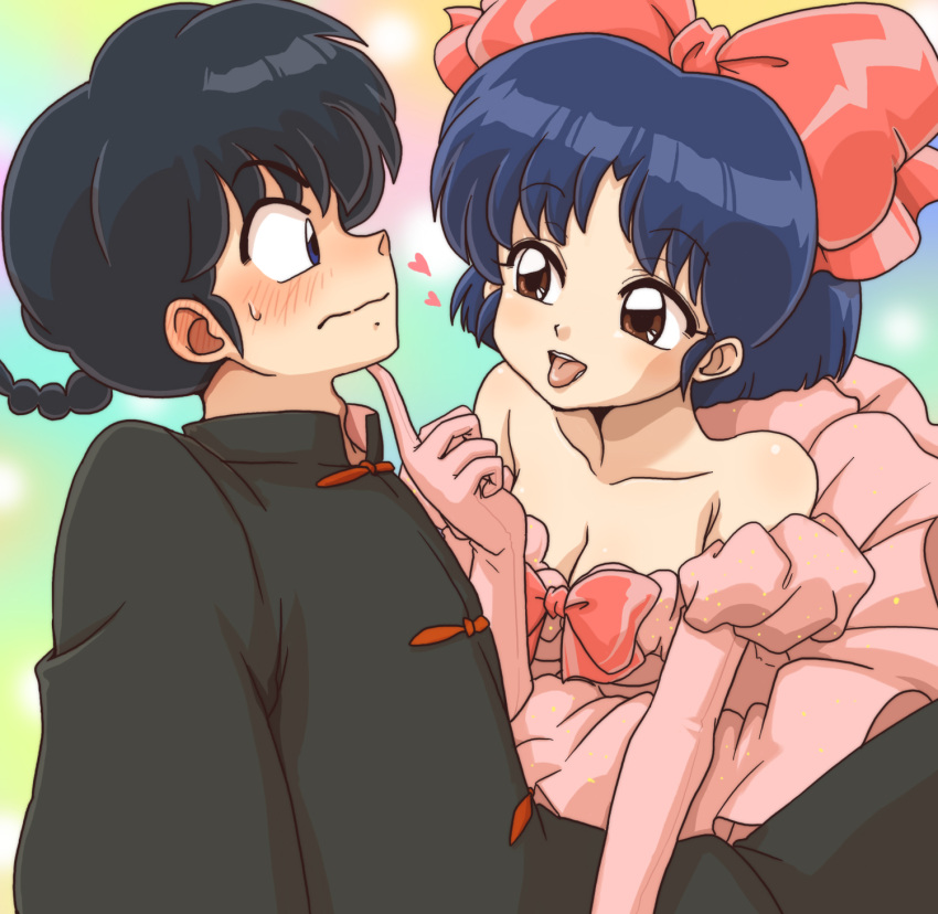 black_hair blue_eyes blue_hair blush braid brown_eyes couple ranma_1/2 saotome_ranma short_hair single_braid tendou_akane wantan-orz