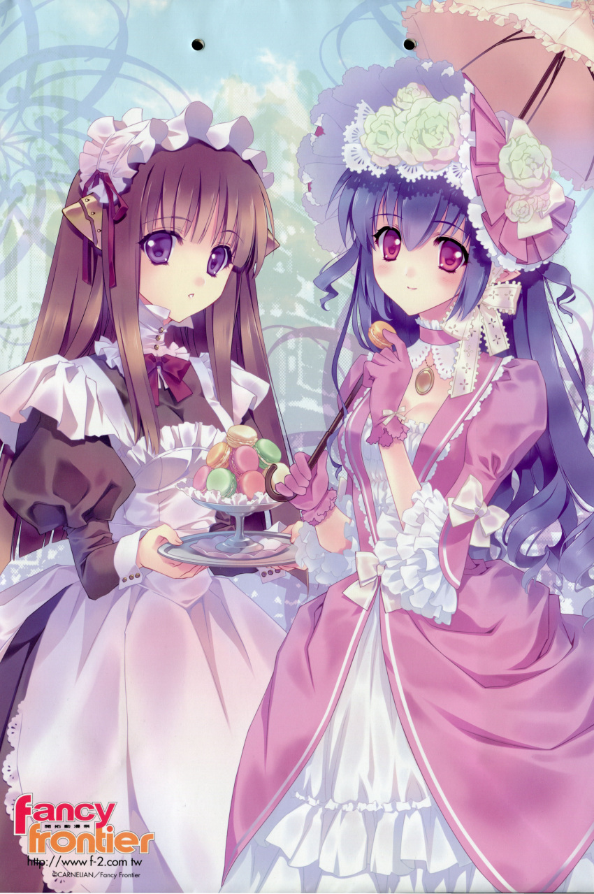 2girls absurdres android blue_hair breasts brown_hair carnelian choker cleavage dress flower food gloves hat headdress highres long_hair maid multiple_girls open_mouth ribbon smile umbrella violet_eyes
