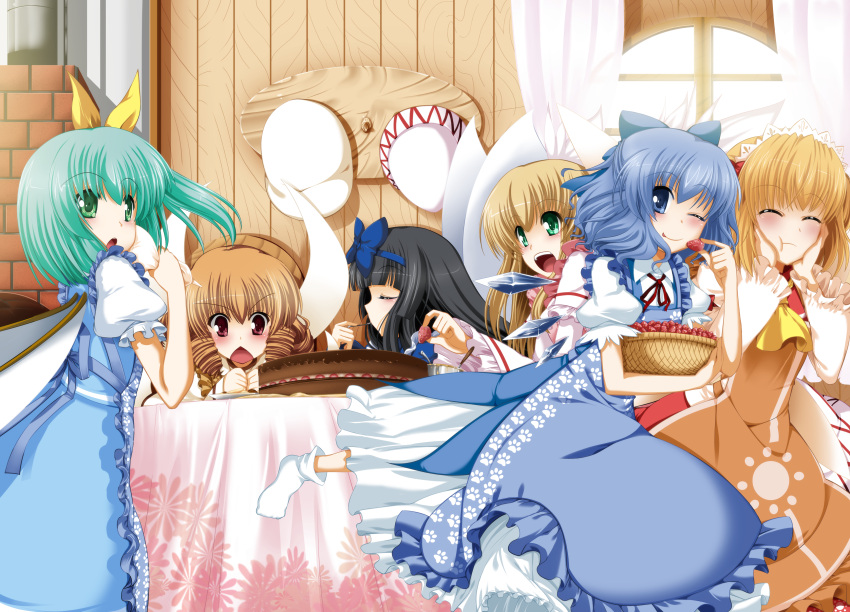 6+girls absurdres black_hair blonde_hair blue_eyes blue_hair bow cake chestnut_mouth cirno closed_eyes daiyousei dress drill_hair eiyuu food fruit green_eyes green_hair hair_bow hat hat_removed headwear_removed highres lily_white long_hair luna_child multiple_girls open_mouth puffy_sleeves red_eyes short_hair side_ponytail socks star_sapphire strawberry sunny_milk table touhou twintails white_legwear window wings wink