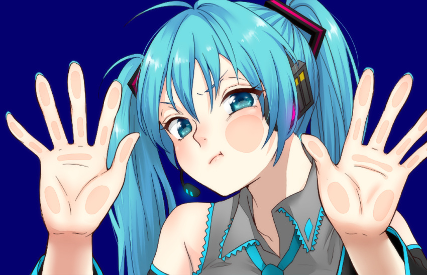 1girl against_glass aqua_eyes aqua_hair detached_sleeves face hatsune_miku headset mogggggge necktie solo twintails vocaloid