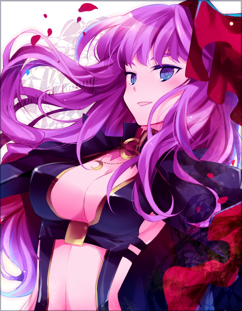 blue_eyes breasts cleavage highres ibara_riato long_hair macross macross_frontier macross_frontier:_itsuwari_no_utahime macross_frontier:_the_false_diva petals purple_hair sheryl_nome solo