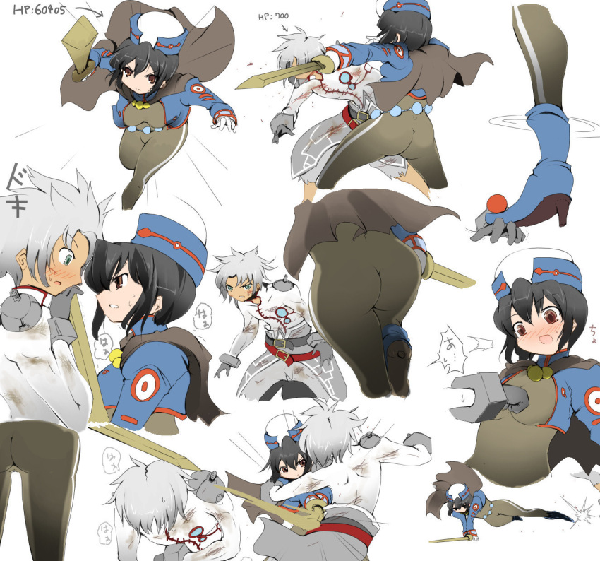 1girl action ass battle black_hair blue_eyes blush bob_cut bodysuit brown_eyes bruise capelet chloe_valens from_behind grey_eyes hat highres injury multiple_persona senel_coolidge short_hair silver_hair sweat sword tales_of_(series) tales_of_legendia weapon zzinzinz