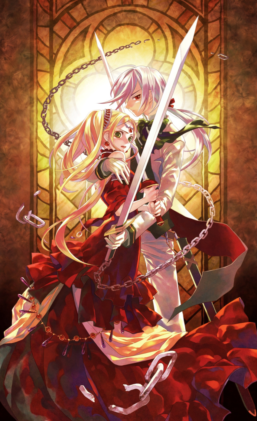 chain chains choker couple dress highres jewelry long_hair minami_seira original protect red_dress royal silver_hair stained_glass sword tiara weapon