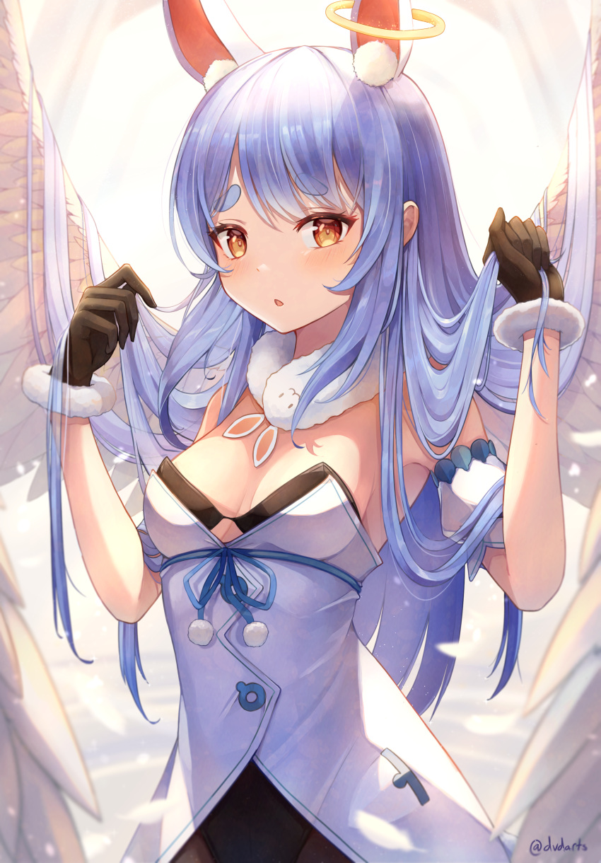 1girl absurdres angel_wings animal_ear_fluff animal_ears bangs black_leotard blue_hair blush breasts commentary_request detached_sleeves don-chan_(usada_pekora) dress dvdarts extra_ears eyebrows_visible_through_hair feathered_wings halo hands_up highres holding holding_hair hololive leotard leotard_under_clothes long_hair looking_at_viewer medium_breasts parted_lips rabbit_ears red_eyes short_eyebrows short_sleeves solo thick_eyebrows twitter_username upper_body usada_pekora virtual_youtuber white_dress wings