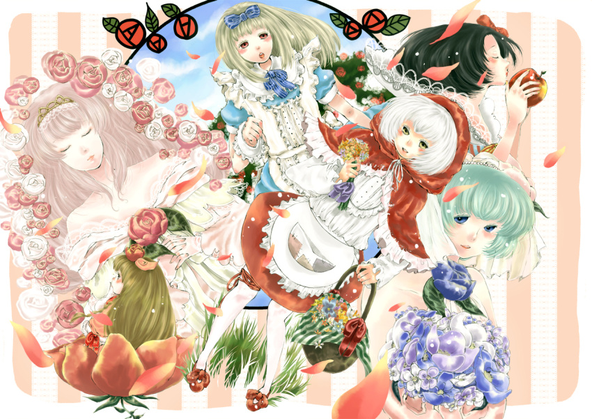 alice_in_wonderland apple aqua_hair artist_request bad_id basket blonde_hair blush bow cape closed_eyes flower food frills fruit grimm's_fairy_tales hood little_red_riding_hood little_red_riding_hood_(grimm) long_hair nukorodanngo short_hair sky sleeping_beauty snow_white_(grimm) snow_white_and_the_seven_dwarfs thumbelina white_hair