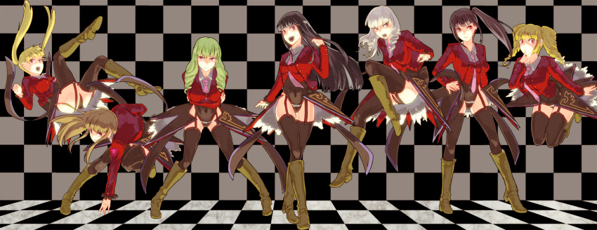 asmodeus bangs beelzebub belphegor black_hair black_legwear blazer blonde_hair boots breasts brown_hair checkered checkered_floor curly_hair drill_hair garter_straps garters green_hair grin highres knee_boots leviathan_(umineko) long_hair lucifer mammon multiple_girls necktie red_eyes satan side_ponytail smile stakes_of_purgatory tears thigh-highs thighhighs toriko_(artist) toritori twintails umineko_no_naku_koro_ni uniform vest white_hair