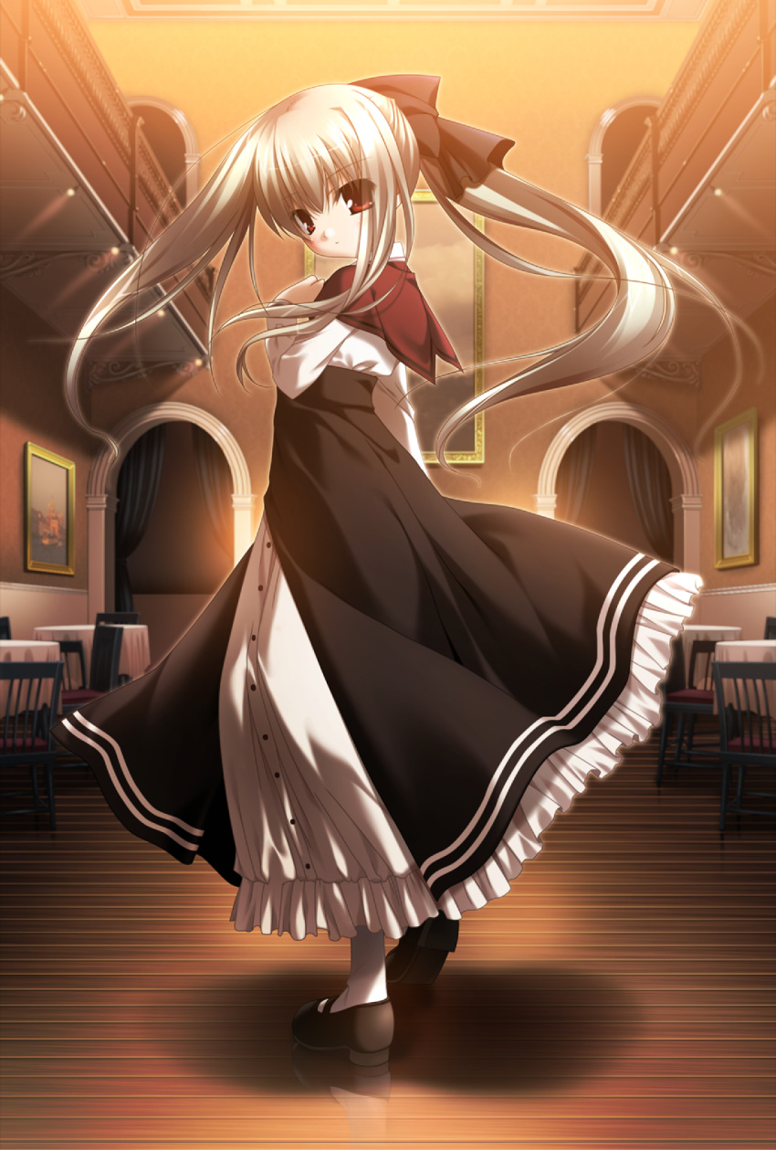 blonde_hair chikotamu dress eden*_they_were_only_two_on_the_planet hair_ribbon highres long_hair looking_back red_eyes ribbon silver_hair sion_(eden) solo twintails