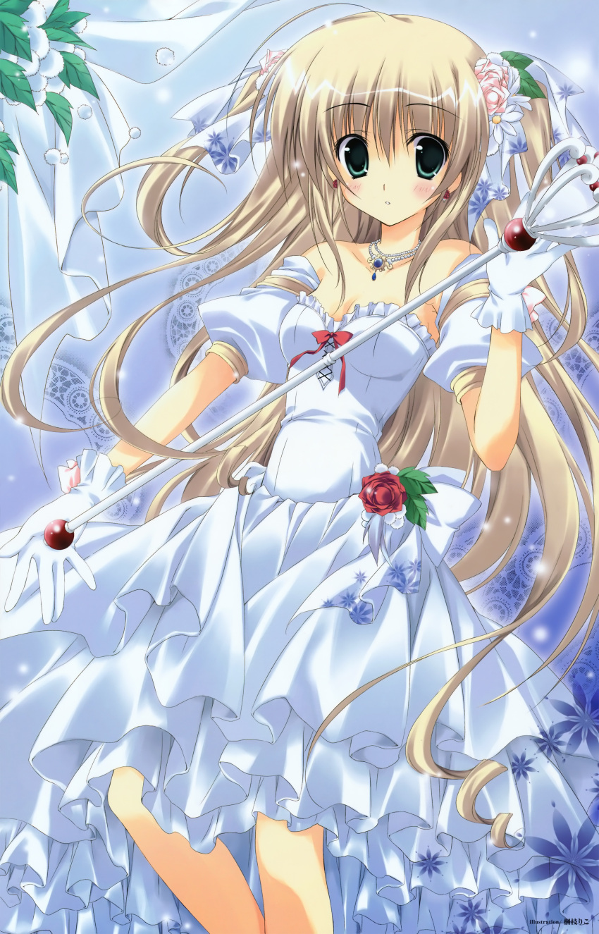 bare_shoulders breasts cleavage detached_sleeves dress earrings flower gloves green_eyes hair_flower hair_ornament hair_ribbon highres jewelry korie_riko long_hair necklace ribbon scepter solo twintails very_long_hair