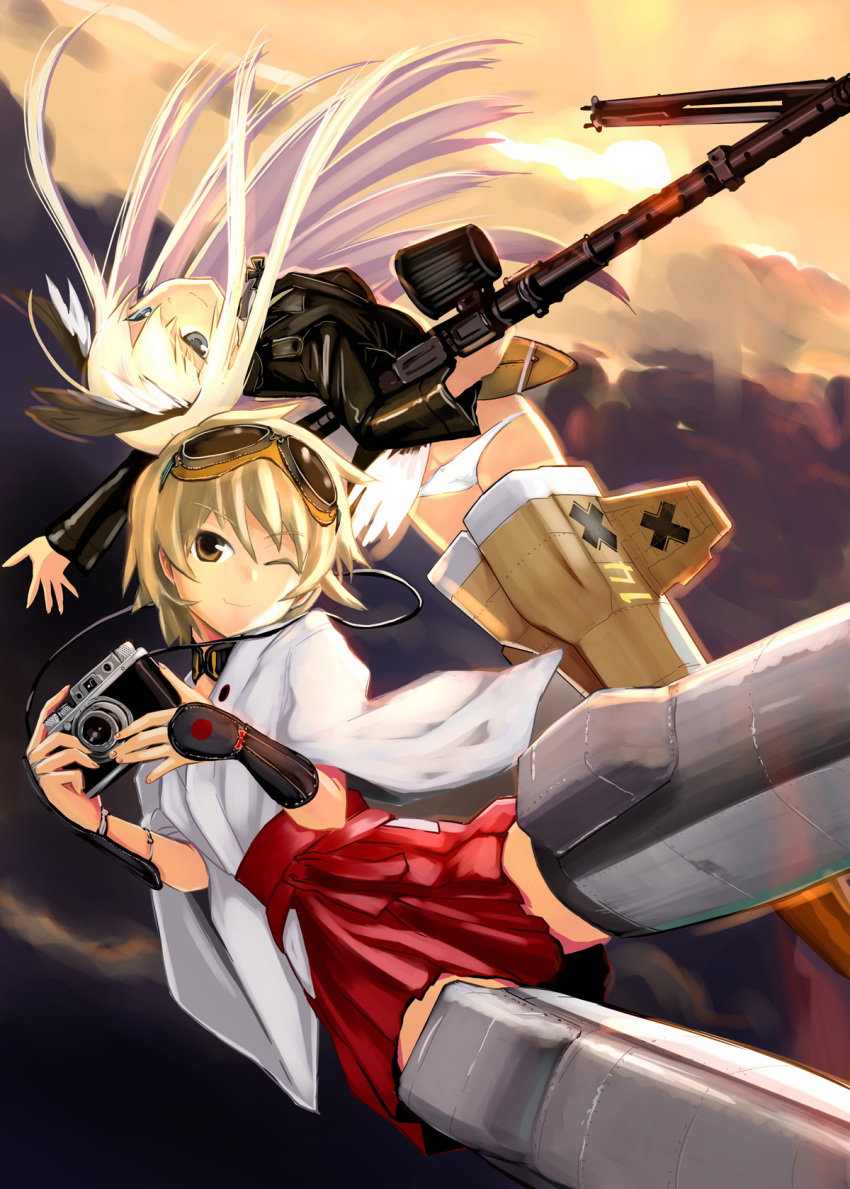 animal_ears artist_request blonde_hair blue_eyes camera cloud clouds flying goggles gun hanna-justina_marseille hanna-justina_marseilles head_wings highres japanese_clothes katou_keiko multiple_girls nogami_takeshi purple_hair short_hair sky strike_witches striker_unit tail weapon white_hair wink yellow_eyes