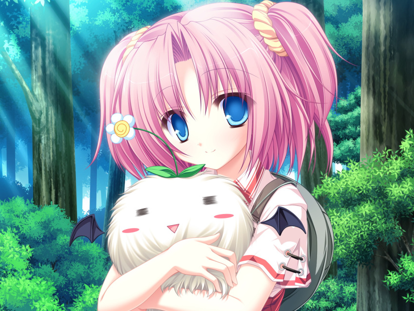 77 =_= animal_hug bat_wings blue_eyes blush_stickers bust flower flower_on_head forest highres holding kazamai_sakura looking_at_viewer mikagami_mamizu nature outdoors outside pink_hair short_hair smile sunbeam sunlight tareme tree twintails wallpaper wings