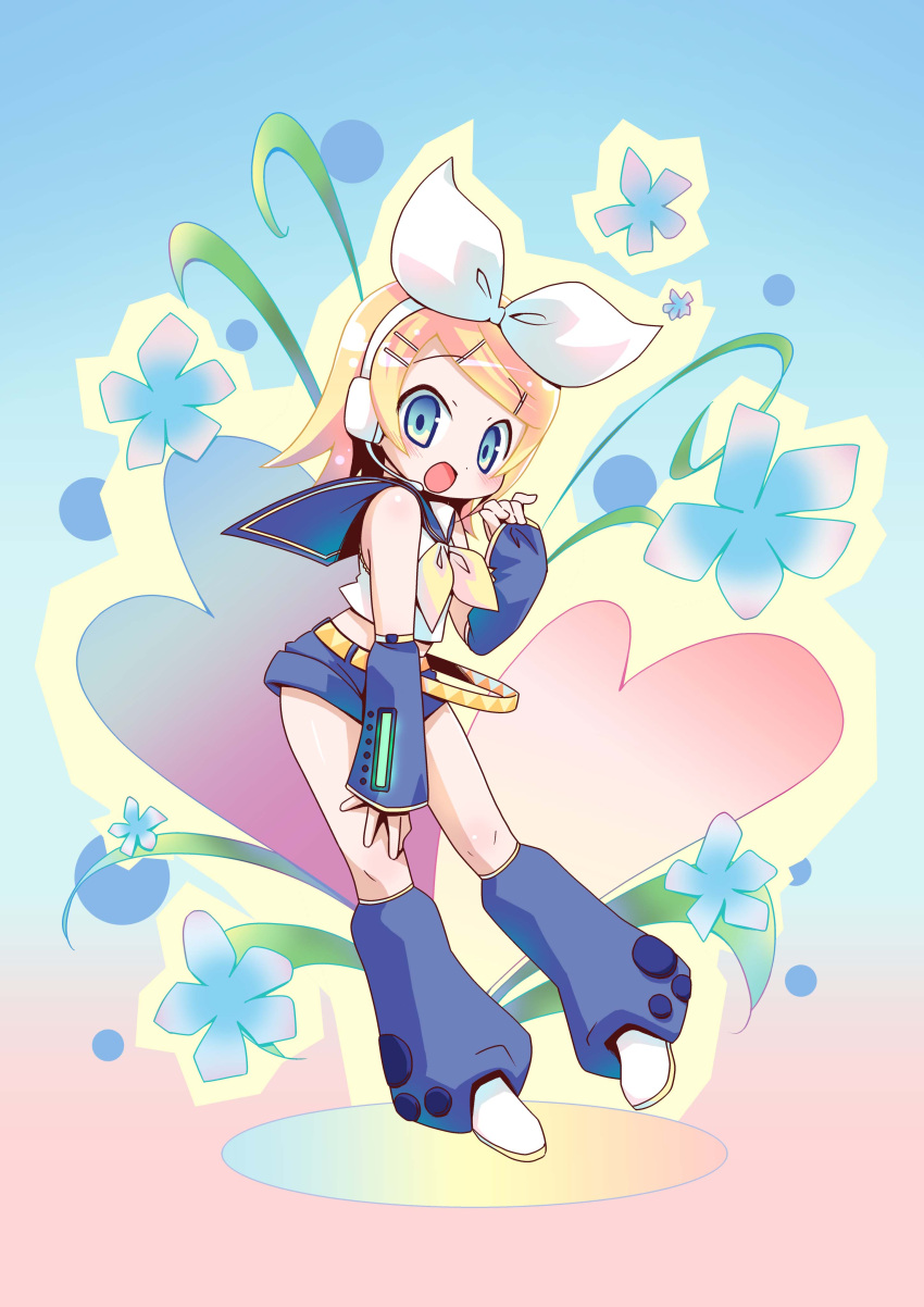 blonde_hair blue_eyes detached_sleeves hair_ornament hairpin headset highres kagamine_rin short_hair shorts vocaloid