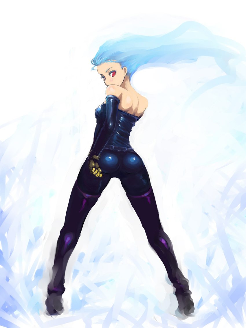 1girl alternate_costume back bare_shoulders belt blue_hair breasts elbow_gloves gloves highres johan_(johan13) king_of_fighters kula_diamond long_hair looking_back red_eyes solo thigh-highs wind