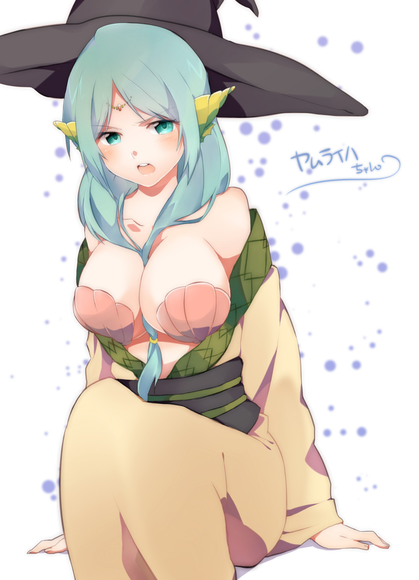 1girl absurdres aqua_eyes aqua_hair bare_shoulders between_breasts blush breasts hat highres large_breasts long_hair magi_the_labyrinth_of_magic open_mouth petagon shell shell_bikini sitting solo witch_hat yamuraiha