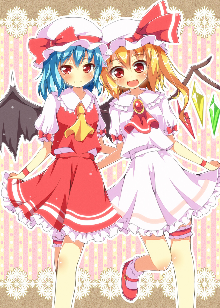 2girls ascot bat_wings blonde_hair blue_hair blush brooch commentary_request cosplay costume_switch curtsey fang fangs flandre_scarlet hat hat_ribbon highres jewelry leg_ribbon looking_at_viewer multiple_girls open_mouth puffy_sleeves red_eyes remilia_scarlet ribbon shirt short_sleeves siblings sisters skirt skirt_set smile striped striped_background touhou vest wings wristband yuimari