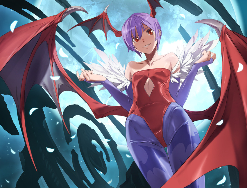 1girl akira02 bare_shoulders bat_wings bridal_gauntlets demon_girl feathers flat_chest full_moon head_wings highres lilith_aensland moon night pantyhose print_pantyhose purple_hair red_eyes short_hair solo succubus vampire_(game) wings