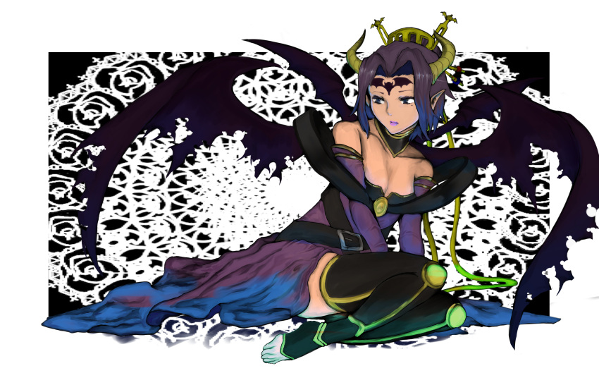 1girl arm_support bare_shoulders highres horns lips machsum mole pointy_ears purple_hair short_hair sitting solo tagme thigh-highs wings