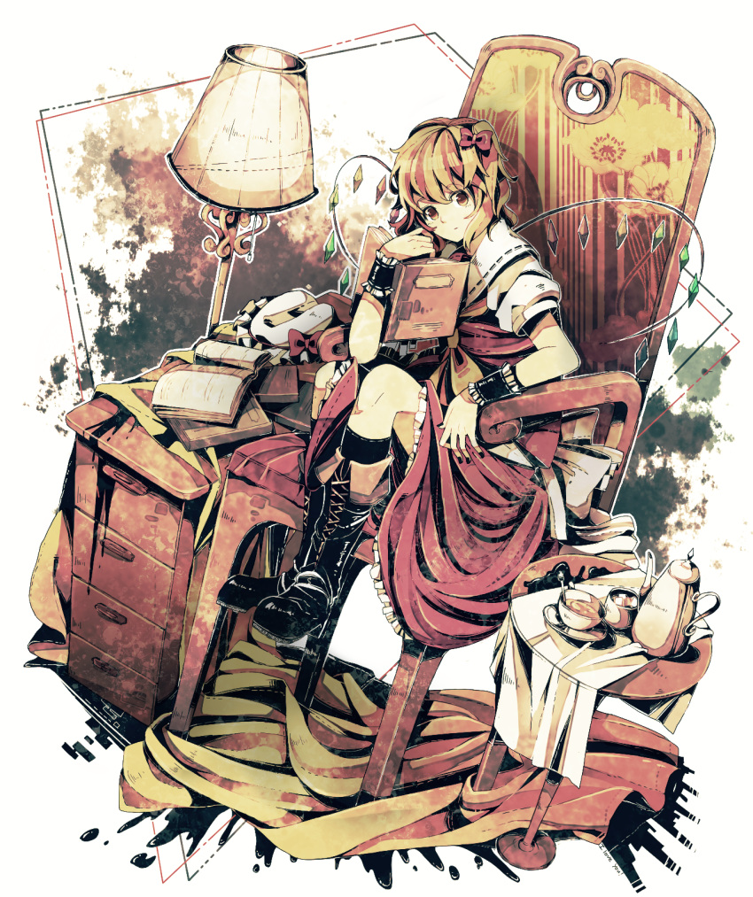 1girl azya blonde_hair book boots bow chain cup flandre_scarlet gem hair_bow hat hat_removed headwear_removed highres lamp nail_polish side_ponytail sitting table teacup teapot touhou wings yellow_eyes