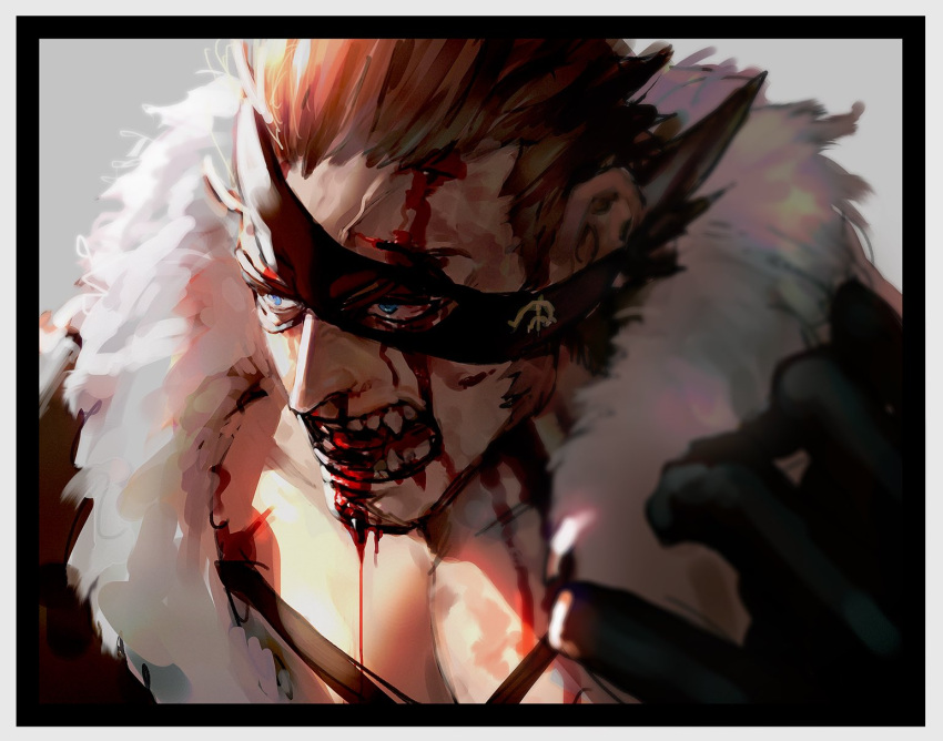 1boy blood blood_from_mouth blood_on_face brown_hair chest_tattoo close-up eyepatch face fur-trimmed_jacket fur_trim gloves hair_slicked_back highres injury jacket long_sideburns male_cleavage male_focus mask muscular muscular_male nosebleed one_piece pectorals short_hair sideburns solo sosogi_(qtgejyrkhrng4jk) spiky_hair tattoo teeth toned toned_male x_drake