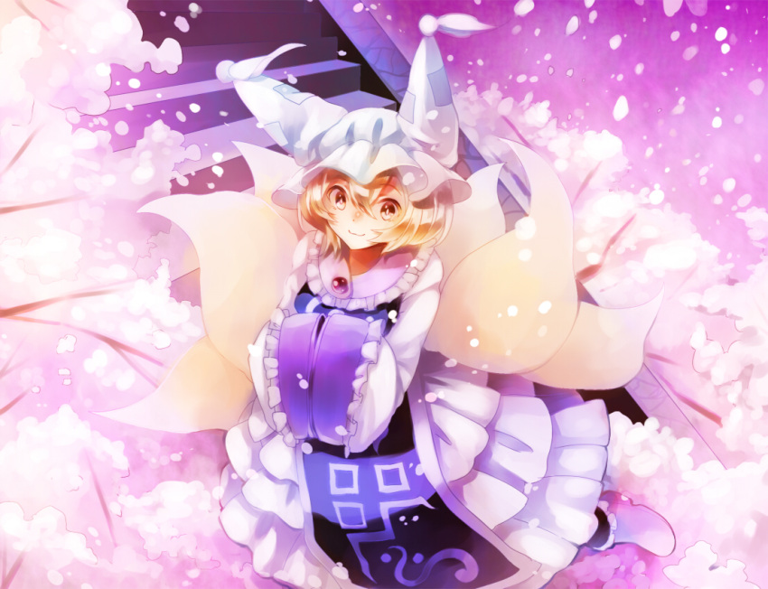 1girl :3 brown_eyes cherry_blossoms fox_tail hands_in_sleeves hat multiple_tails petals solo stairs surumeri_(baneiro) tail touhou yakumo_ran