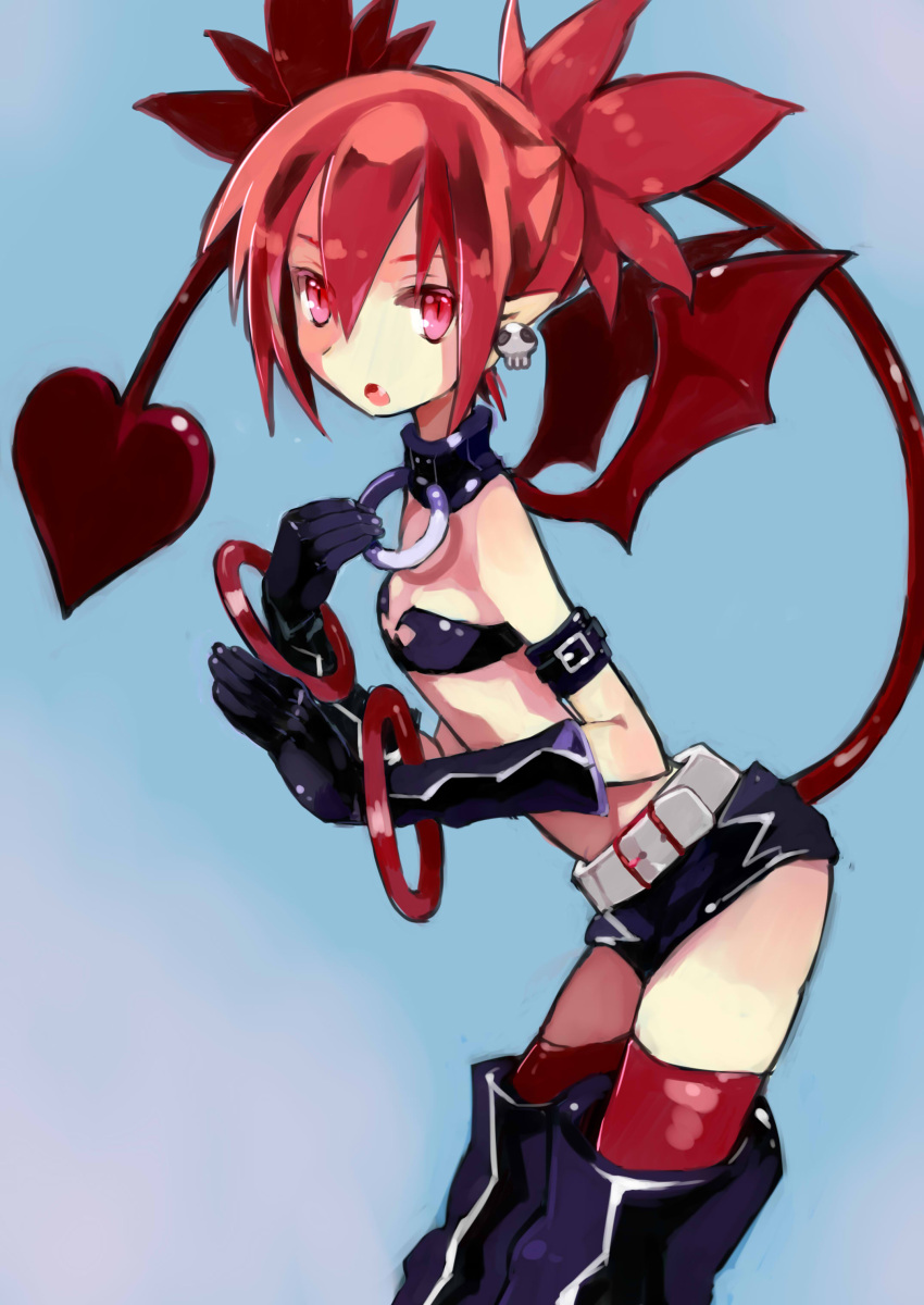 1girl absurdres blue_background bracelet choker demon_tail demon_wings disgaea etna highres jewelry open_mouth pointy_ears rabbitseijin red_eyes redhead short_hair skull slit_pupils solo tail tail_raised twintails wings