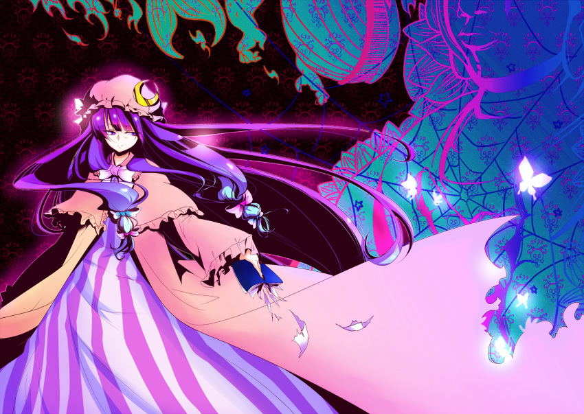 1girl book butterfly capelet crescent dress frown hair_ribbon hat highres long_hair patchouli_knowledge purple_hair ribbon solo touhou very_long_hair violet_eyes zundamame