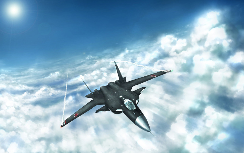 airplane antennae canards clouds condensation_trail flying jet lens_flare mura666 realistic russian su-47 sun