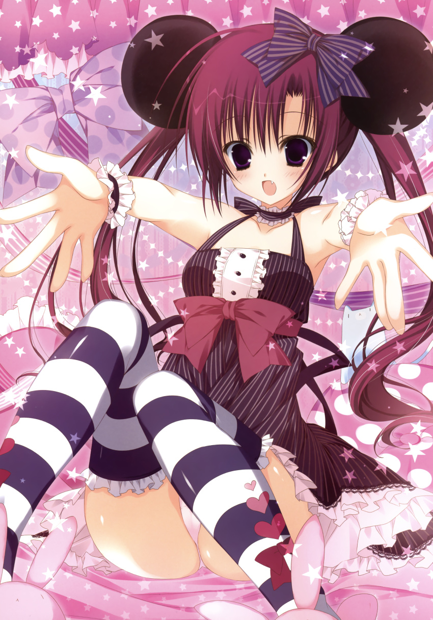1girl :d absurdres animal_ears bow dress fang frilled_legwear hair_bow halterneck highres inugami_kira knees_together_feet_apart mouse_ears open_mouth outstretched_arms panties pantyshot pink_panties purple_hair sitting smile striped striped_legwear tagme thigh-highs underwear violet_eyes