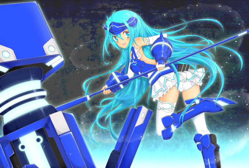 1girl armor blue_eyes blue_hair breastplate detached_sleeves fingerless_gloves gauntlets gloves greaves hammer headgear highres long_hair panties skirt solo thigh-highs underwear vividblue vividred_operation white_legwear