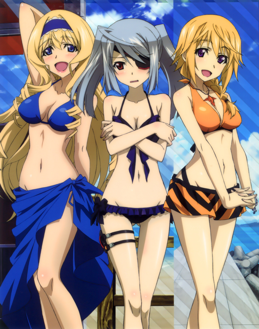 3girls :d absurdres arm_up bare_shoulders bikini bikini_skirt blonde_hair blue_bikini blue_eyes blush bracelet braid breasts cecilia_alcott charlotte_dunois cleavage covering covering_breasts eyepatch hairband highres infinite_stratos jewelry laura_bodewig lips long_hair mound_of_venus multiple_girls navel official_art open_mouth pendant red_eyes sarong scan side-tie_bikini silver_hair smile swimsuit thigh_gap thigh_strap twintails violet_eyes