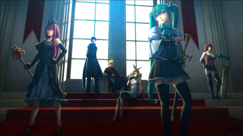 2boys 4girls blonde_hair blue_hair bowtie brown_hair crossed_legs dress elbow_gloves garter_straps gloves greaves green_eyes green_hair hair_ornament hair_ribbon hairclip hand_on_hip hat hatsune_miku kagamine_len kagamine_rin kaito long_hair megurine_luka meiko multiple_boys multiple_girls purple_hair raichi_(litchixlitchi) ribbon scarf short_hair sitting stairs sword twintails very_long_hair vocaloid weapon window