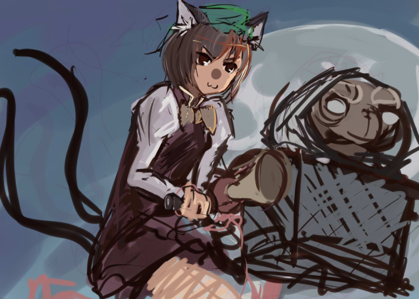 1girl :3 animal_ears bicycle brown_eyes brown_hair cat_ears cat_tail chen crossover dress e.t. et full_moon hat highres horn_(instrument) moon multiple_tails pan!ies parody short_hair tail touhou