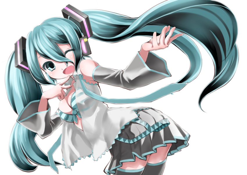 1girl aqua_eyes aqua_hair bra breasts cleavage detached_sleeves front-tie_top hatsune_miku highres long_hair necktie open_mouth rin2008 skirt smile solo striped striped_bra thigh-highs twintails underwear very_long_hair vocaloid wink zettai_ryouiki