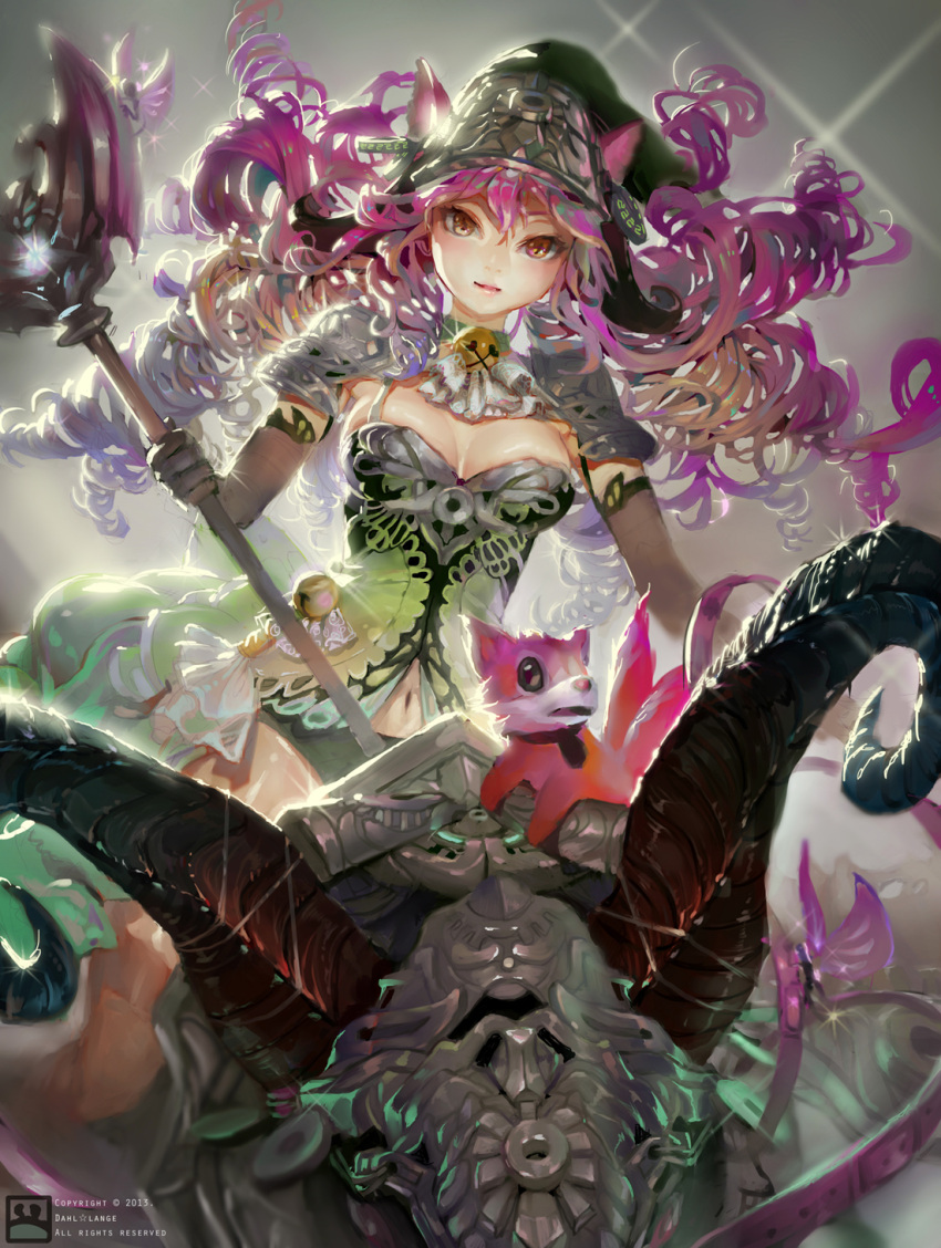1girl adapted_costume animal animal_ears bell blush breasts collar dahl-lange dress elbow_gloves fairy gloves hat horns league_of_legends long_hair lulu_(league_of_legends) navel pix purple_hair riding staff watermark witch_hat
