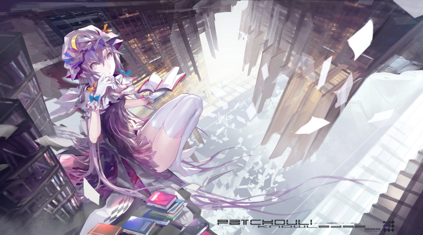 1girl absurdly_long_hair book bookshelf capelet crescent dress flying_paper gloves hat kiwamu library looking_at_viewer open_clothes open_coat paper patchouli_knowledge purple_dress purple_hair sitting solo stairs thigh-highs touhou violet_eyes white_gloves white_legwear zettai_ryouiki