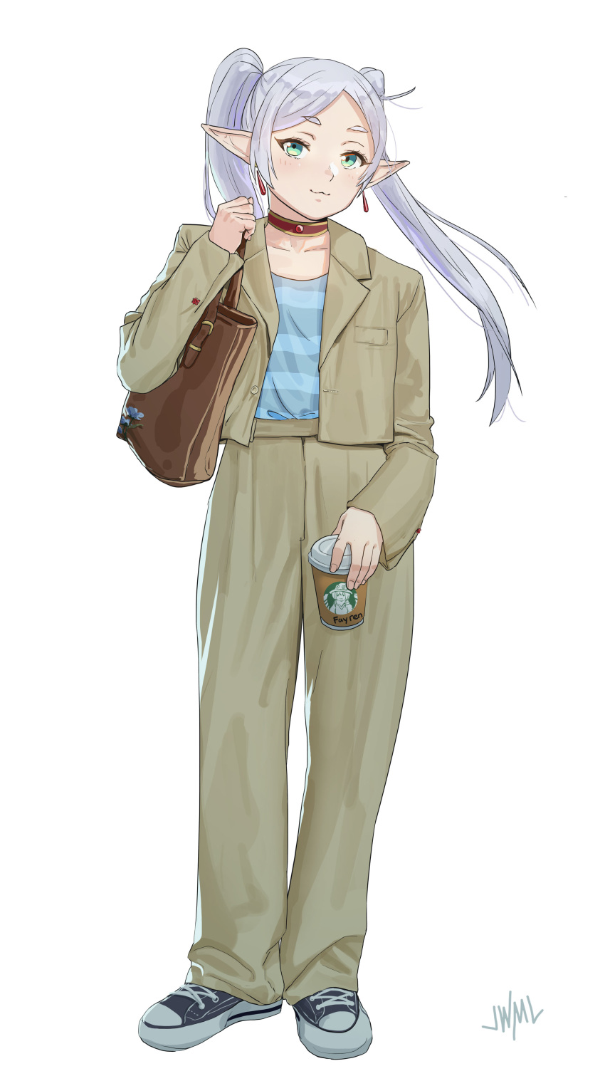 1girl :3 absurdres alternate_costume bag blue_shirt brand_name_imitation brown_jacket brown_pants casual choker closed_mouth coffee_cup contemporary cup dangle_earrings disposable_cup drop_earrings earrings elf frieren full_body green_eyes grey_hair highres holding holding_cup jacket jewelry justin_leyva_(steamy_tomato) kono_subarashii_sekai_ni_shukufuku_wo! megumin pants pointy_ears red_choker shirt shoes shoulder_bag simple_background sneakers solo sousou_no_frieren standing starbucks striped striped_shirt twintails white_background