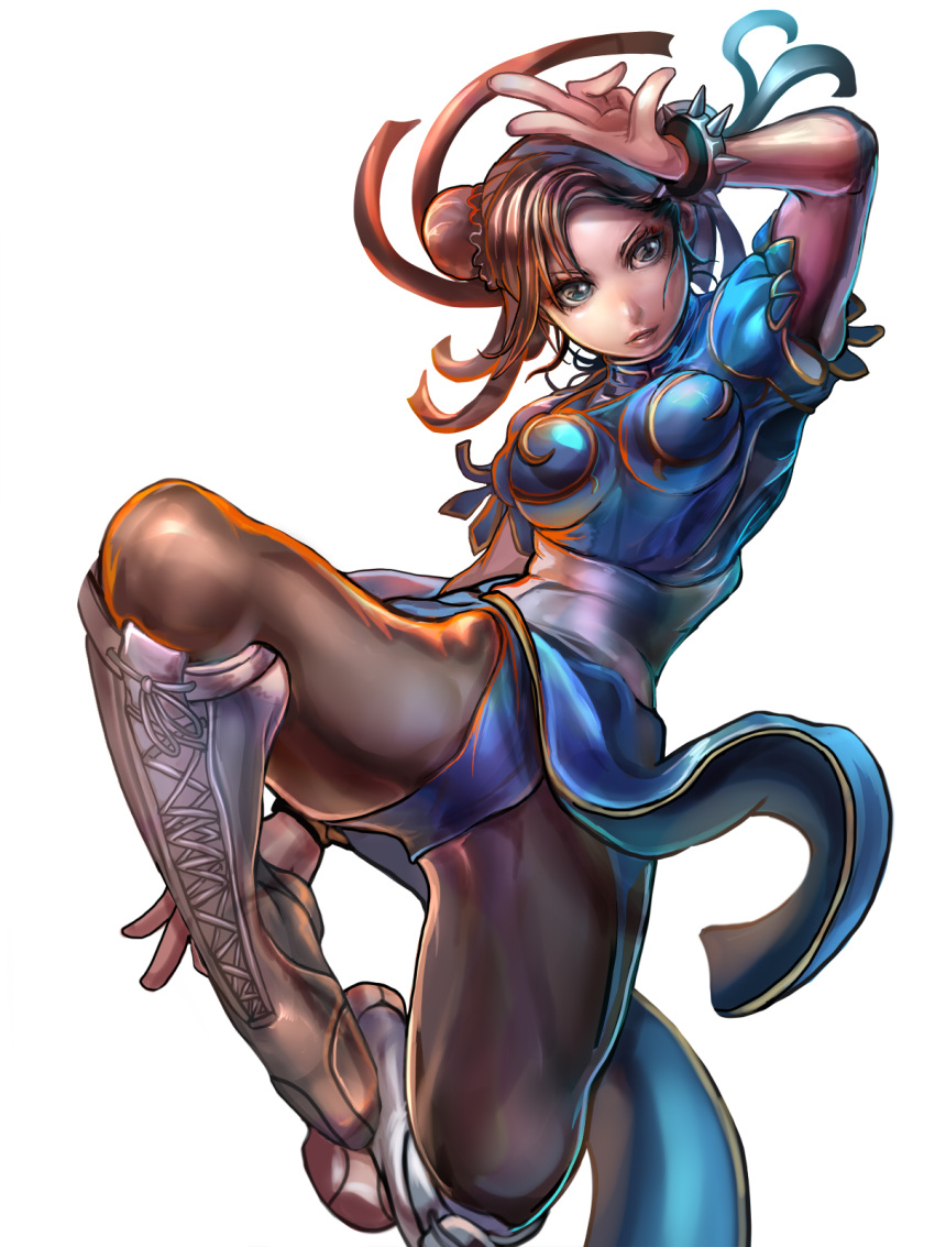 1girl artist_request blue_eyes boots bracelet breasts brown_hair bun_cover capcom china_dress chinese_clothes chun-li cross-laced_footwear double_bun highres jewelry kicking knee_boots lace-up_boots lips official_art onimusha_soul pantyhose parted_lips sash short_hair solo spiked_bracelet spikes street_fighter
