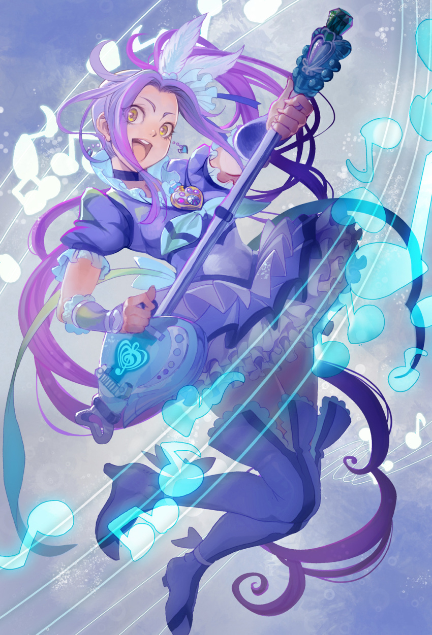 1girl boots brooch cure_beat earrings electric_guitar frilled_skirt guitar heart highres instrument jewelry kurokawa_ellen long_hair looking_at_viewer magical_girl moruga musical_note open_mouth precure purple_hair side_ponytail siren_(suite_precure) skirt solo suite_precure thigh-highs thigh_boots yellow_eyes