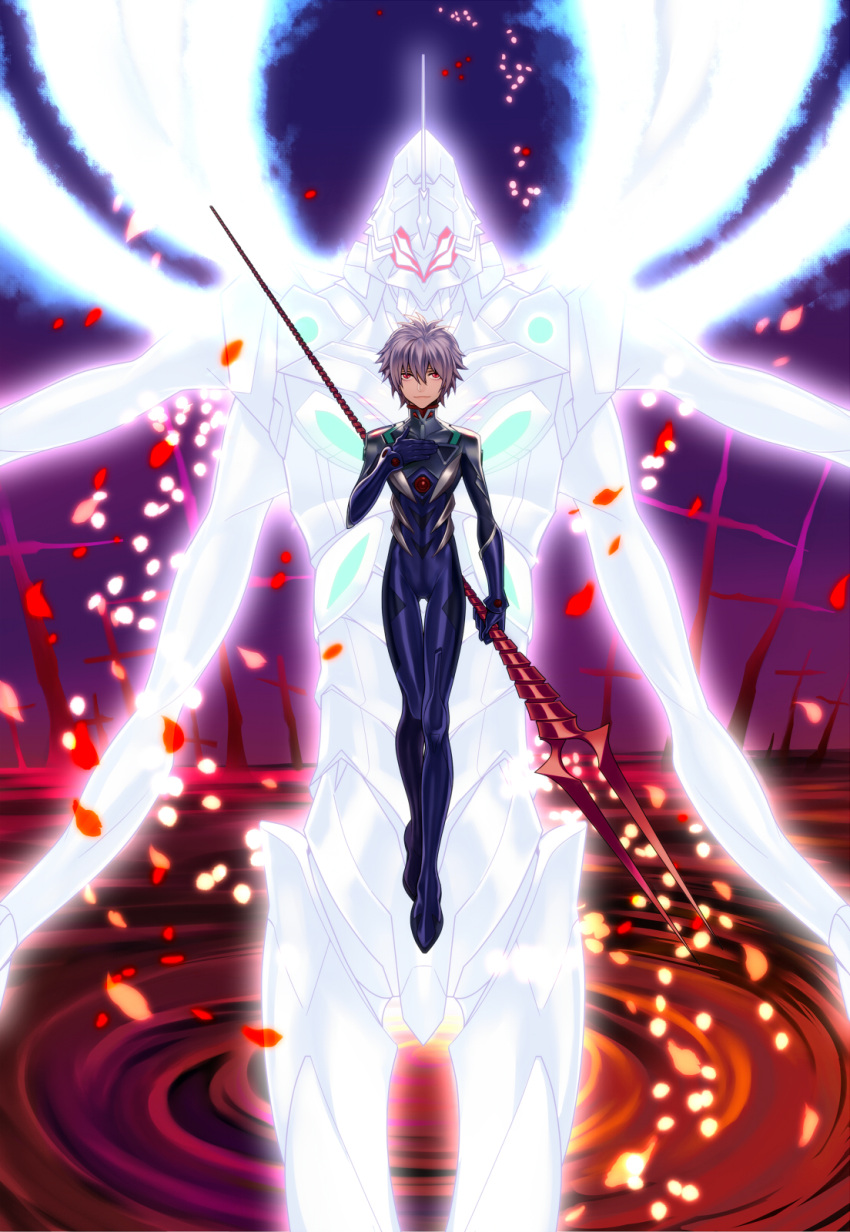 1boy cross eva_13 highres lance_of_longinus multiple_arms nagisa_kaworu neon_genesis_evangelion plugsuit rebuild_of_evangelion red_eyes smile souma_kira white_hair