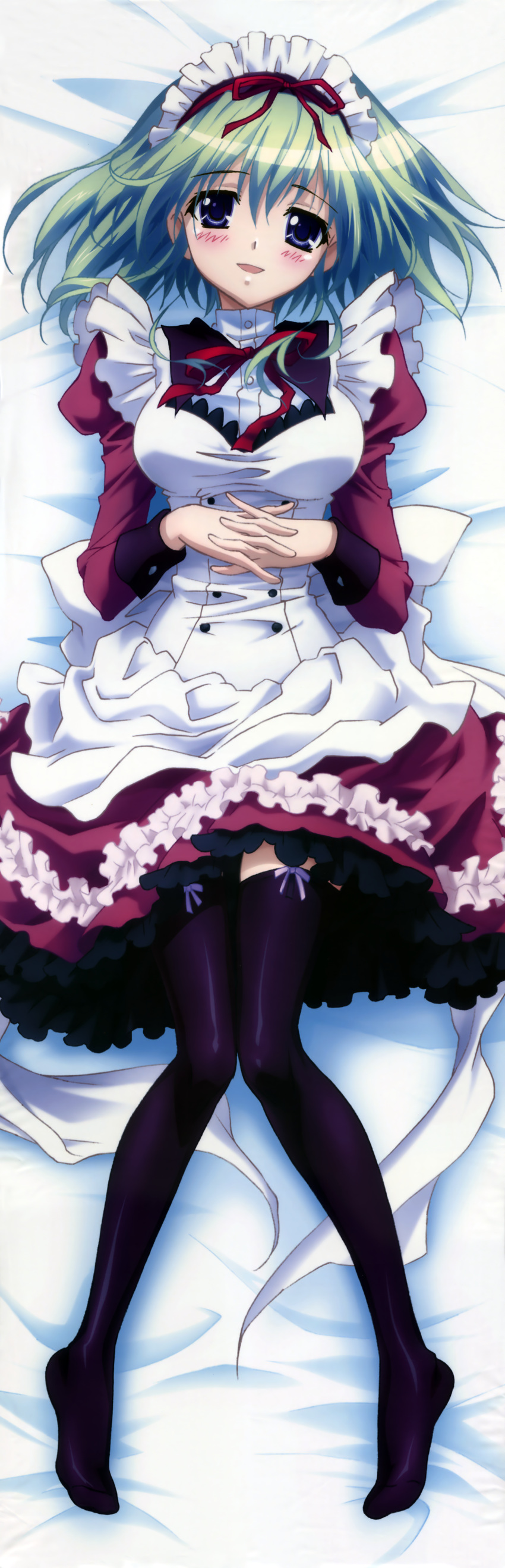 1girl :d absurdres angelina_nanatsu_sewell artist_request black_legwear blue_eyes breasts dakimakura dress green_hair highres huge_filesize knees_together_feet_apart legs long_sleeves maid mashiroiro_symphony open_mouth smile tagme thigh-highs