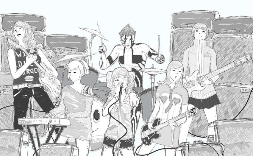 1boy 5girls aegis android band character_request closed_eyes copyright_request crossover cymbals drum glasses_on_head grey guitar instrument keyboard looking_at_viewer microphone monochrome multiple_girls open_mouth persona persona_2 persona_3 persona_4 pointing short_hair standing topless we.are.the.armada wink