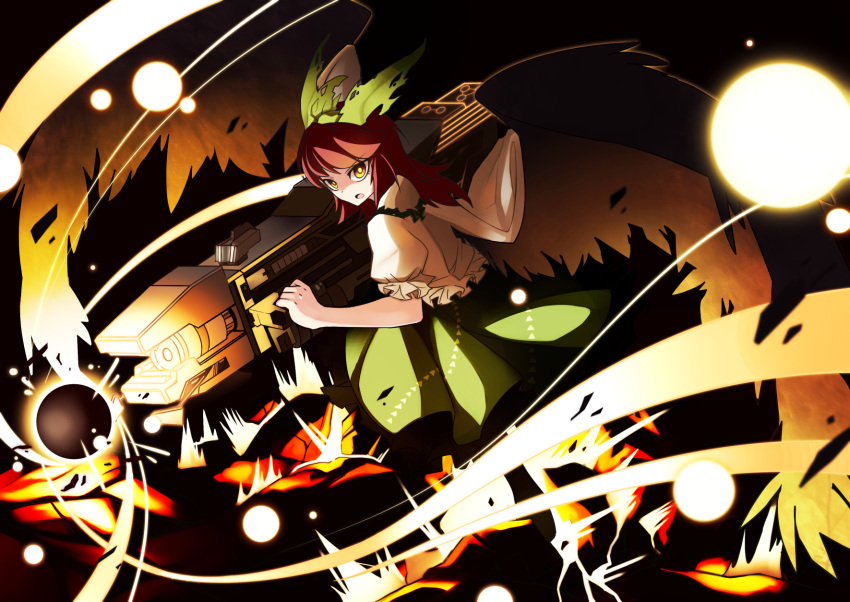 1girl arm_cannon black_wings bow brown_hair energy hair_bow highres looking_at_viewer reiuji_utsuho solo total9 touhou weapon wings yellow_eyes