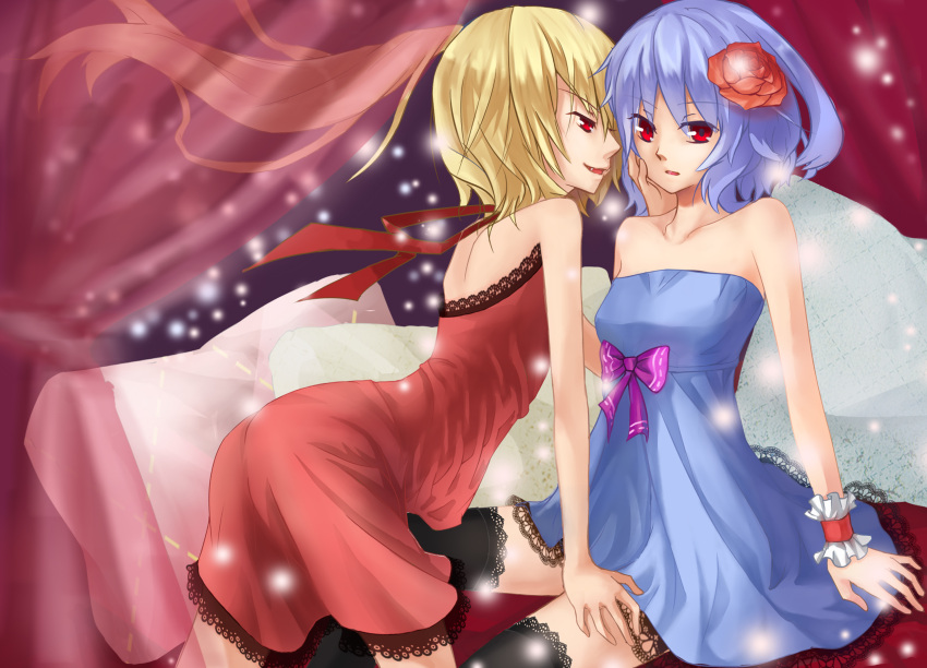 2girls absurdres flandre_scarlet flower hand_on_another's_face highres multiple_girls no_hat no_headwear remilia_scarlet short_hair sitting touhou yekong