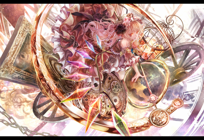 1girl afraco alternate_costume blonde_hair cage dress flandre_scarlet gears globe hair_ornament hat letterboxed long_hair open_mouth red_eyes revision side_ponytail solo touhou wheel wings