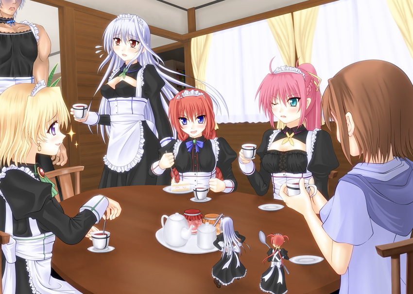 1boy 6+girls agito alternate_costume apron blonde_hair blue_eyes bow braid breasts brown_hair cake cleavage crossdressinging cup earrings enmaided flying_sweatdrops food gloom_(expression) jewelry long_hair lyrical_nanoha mahou_shoujo_lyrical_nanoha mahou_shoujo_lyrical_nanoha_a's mahou_shoujo_lyrical_nanoha_strikers maid maid_headdress minigirl multiple_girls pink_hair ponytail red_eyes redhead reinforce reinforce_zwei shamal short_hair signum silver_hair smile sooichi_(diabolicemission) sparkle spoon teacup twin_braids twintails two_side_up violet_eyes vita yagami_hayate zafira