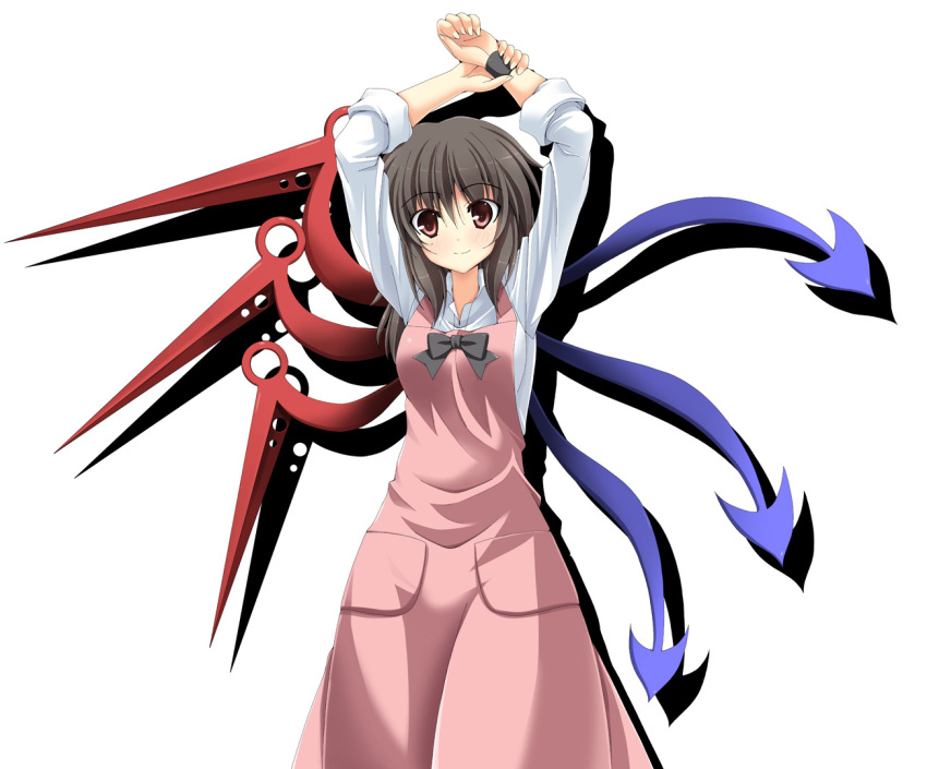 1girl alternate_costume apron arms_up asymmetrical_wings black_hair bow houjuu_nue looking_at_viewer pink_eyes rapattu smile solo touhou wings