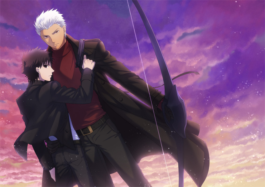 2boys ao_(sodalite) archer black_eyes black_hair bow_(weapon) dark_skin emiya_kiritsugu fate/stay_night fate/zero fate_(series) gun multiple_boys sky teenage weapon white_hair young