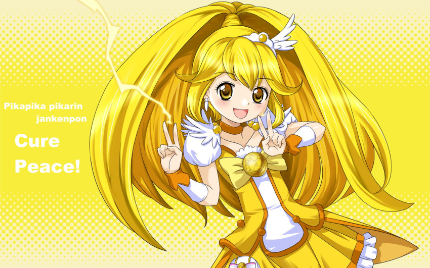 1girl blonde_hair brooch choker crazypen cure_peace double_v dress electricity jewelry kise_yayoi long_hair magical_girl open_mouth pika_pika_pikarin_jankenpon ponytail precure ribbon skirt smile smile_precure! solo text tiara v wrist_cuffs yellow_background yellow_dress yellow_eyes