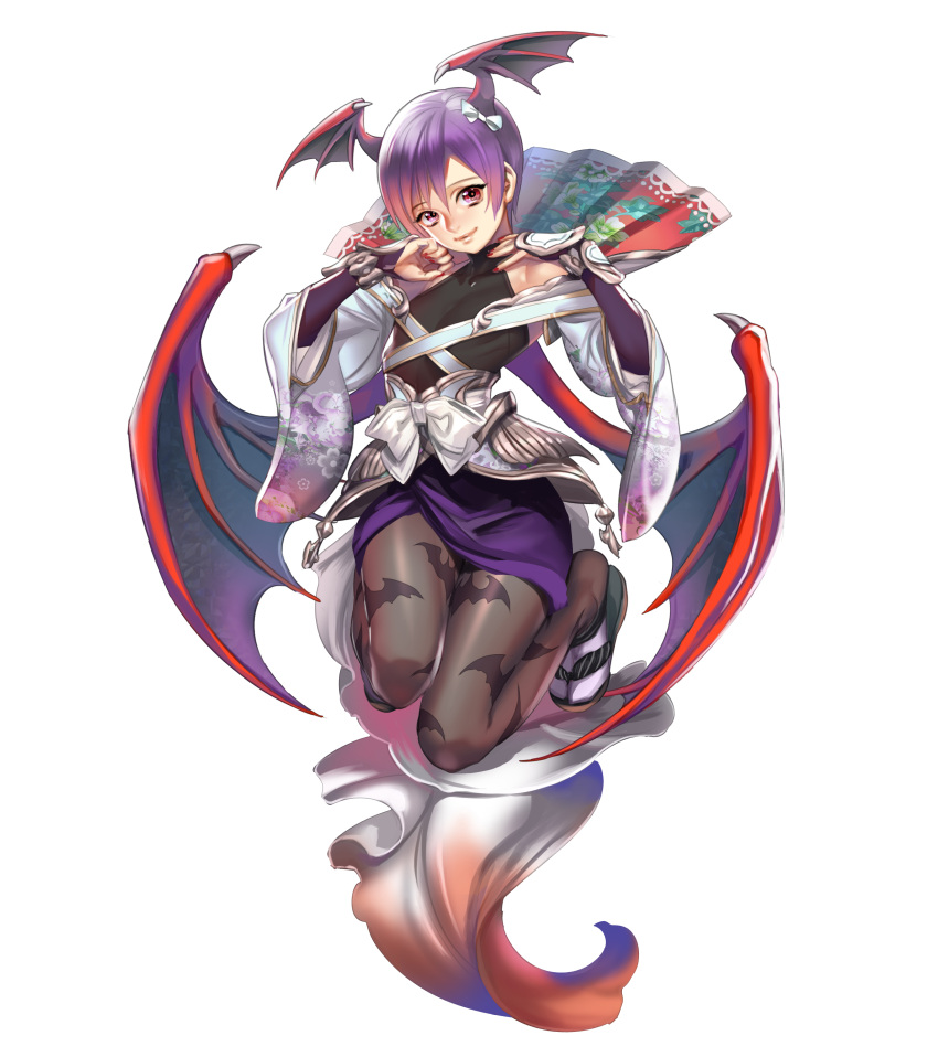 1girl absurdres artist_request bare_shoulders bat_print bat_wings bridal_gauntlets capcom demon_girl detached_sleeves flat_chest head_wings highres japanese_clothes kote lilith_aensland official_art onimusha_soul pantyhose print_pantyhose purple_hair red_eyes sandals short_hair solo succubus tabi vampire_(game) wings