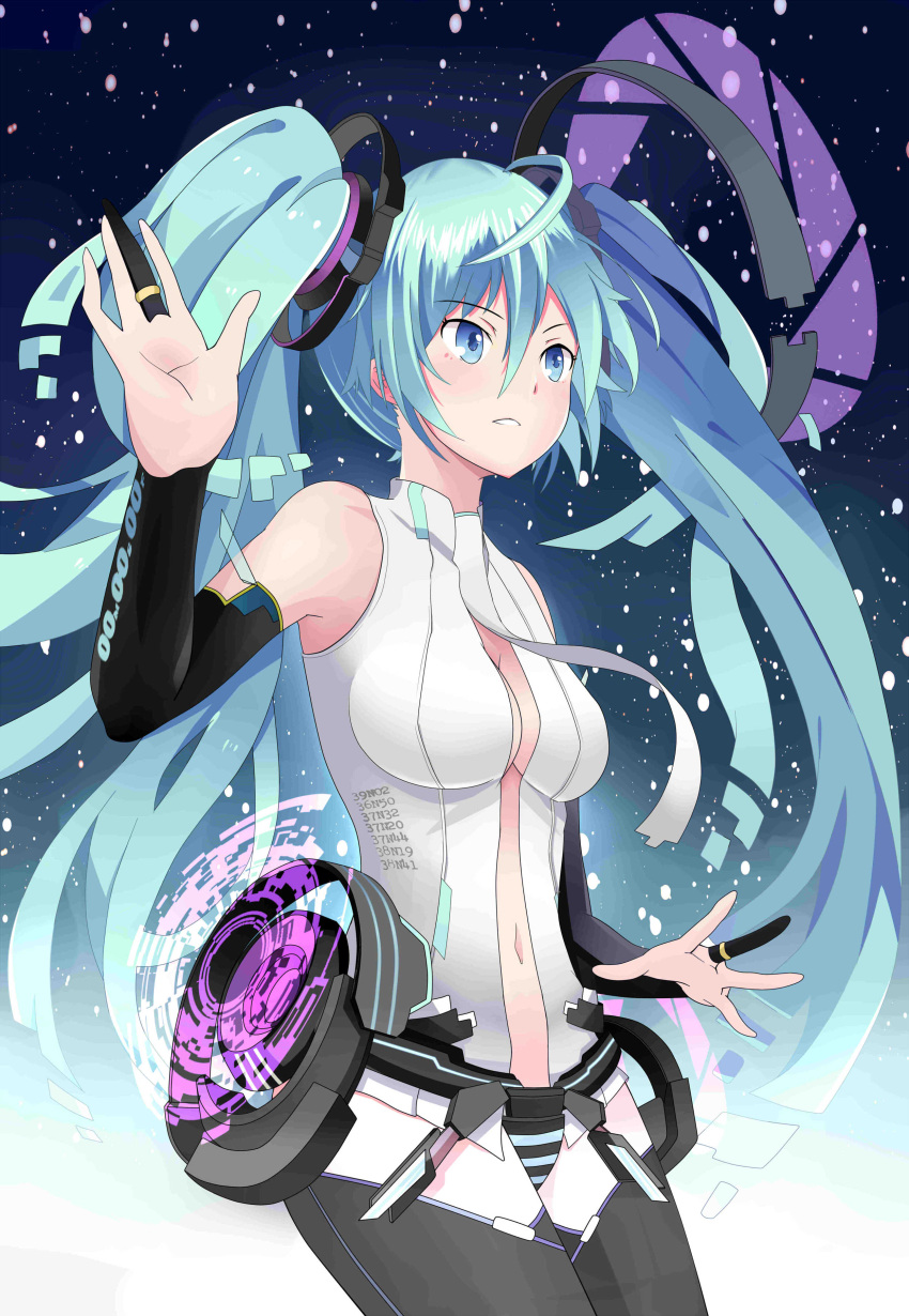 1girl absurdres aqua_eyes aqua_hair bridal_gauntlets center_opening hatsune_miku highres long_hair miku_append navel necktie roillingm solo thigh-highs twintails very_long_hair vocaloid vocaloid_append