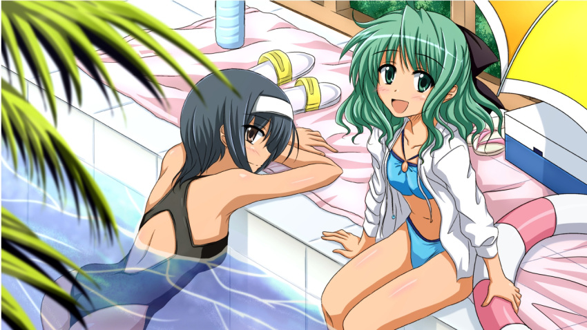 2girls blush green_eyes green_hair looking_back multiple_girls one-piece_swimsuit open_mouth partially_submerged short_hair sitting smile swimsuit vfenster